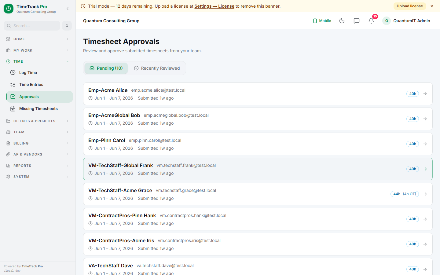 Approval inbox — pending submitted weeks oldest-first. A separate 'Recently Reviewed' tab keeps the audit history.