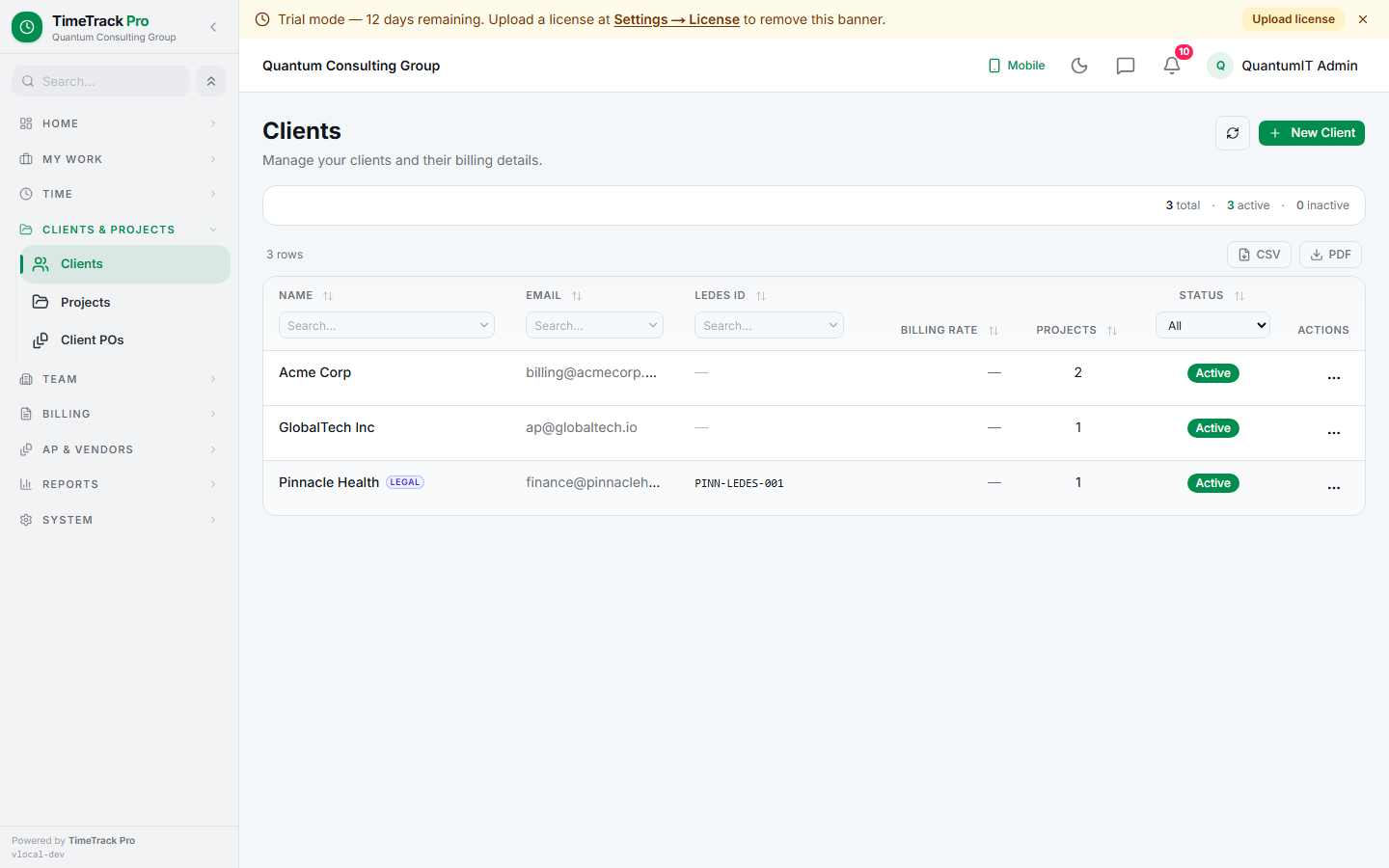 Clients list — searchable + filterable by status. Row click drills into per-client detail with projects, team, and billing-history tabs.