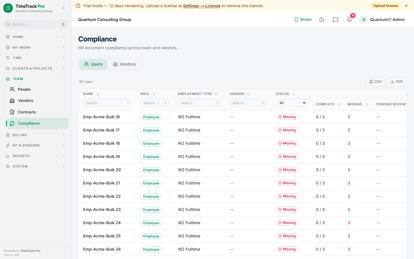 Compliance dashboard — per-employee and per-vendor document compliance. Search, filter by status, click to fix. CSV + PDF export.