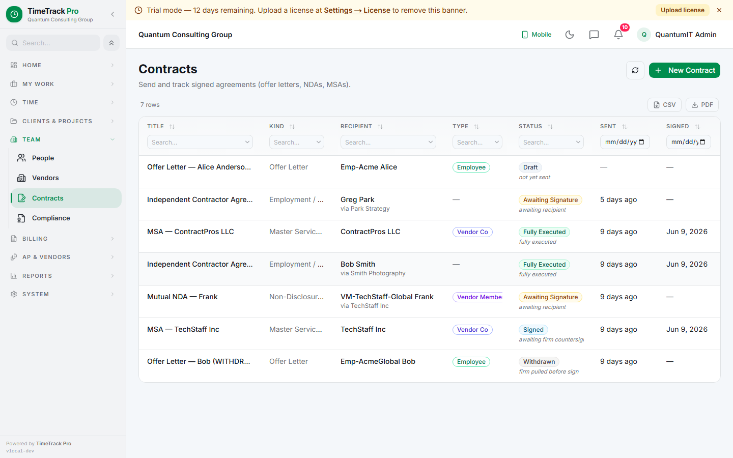 Contracts list — every firm-authored agreement with status pill.  Filter by kind, status, recipient.  Click to drill into the signature audit rail.