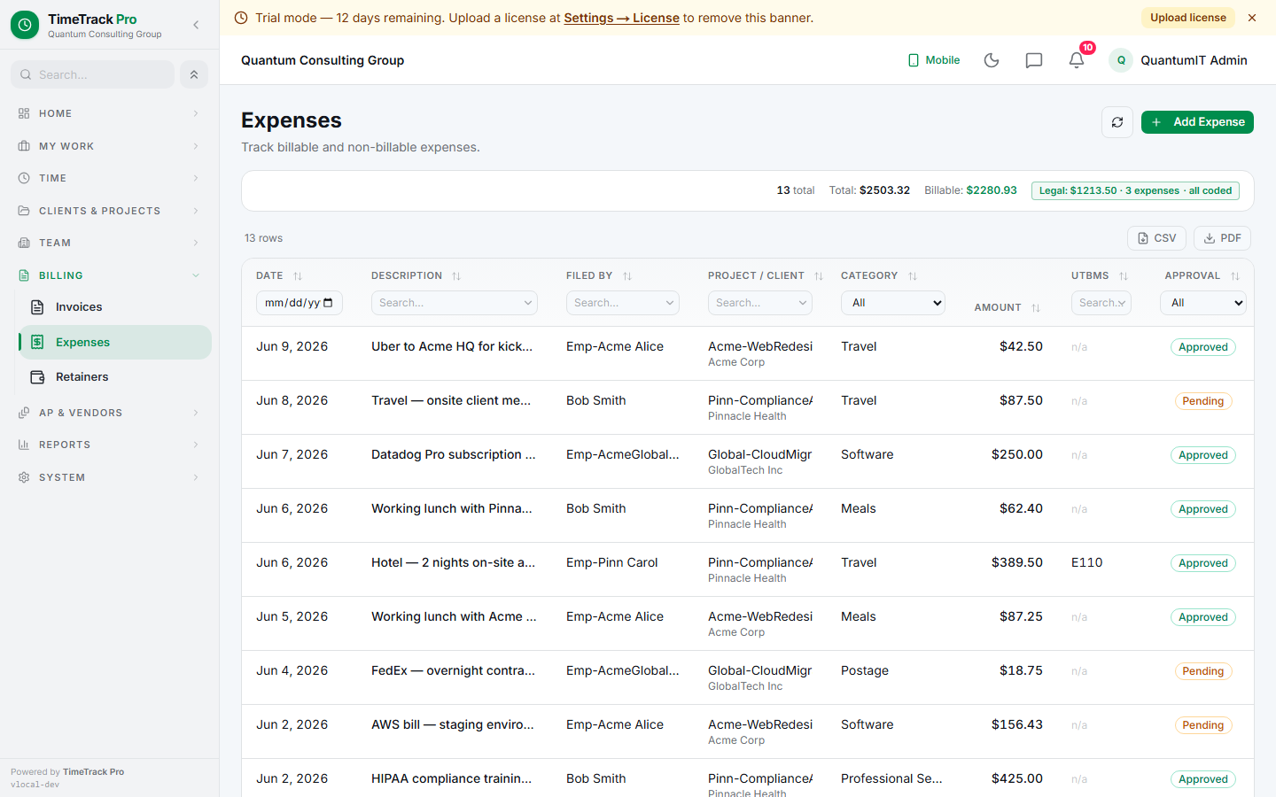 Expenses list — filter by status, category, billable flag. Approve / reject icons on pending rows. Receipt count badge per expense.