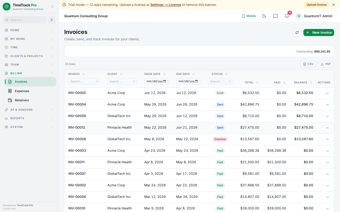 Invoices list — search, filter by status (draft / sent / viewed / paid / void), and click into any to edit or send. Counts strip shows per-status totals.