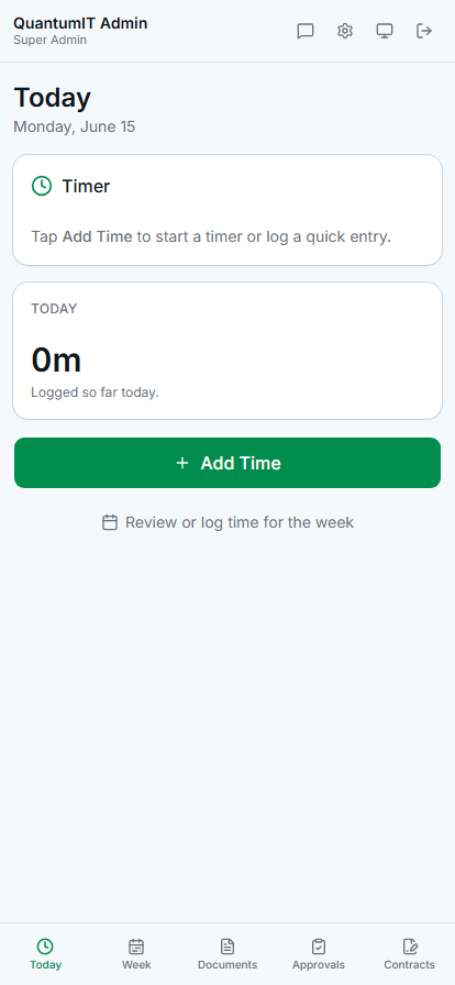 Mobile shell — Today tab. Timer card + today's logged hours + Add Time CTA. Sticky bottom nav: Today / Week / Documents / Approvals / Contracts.