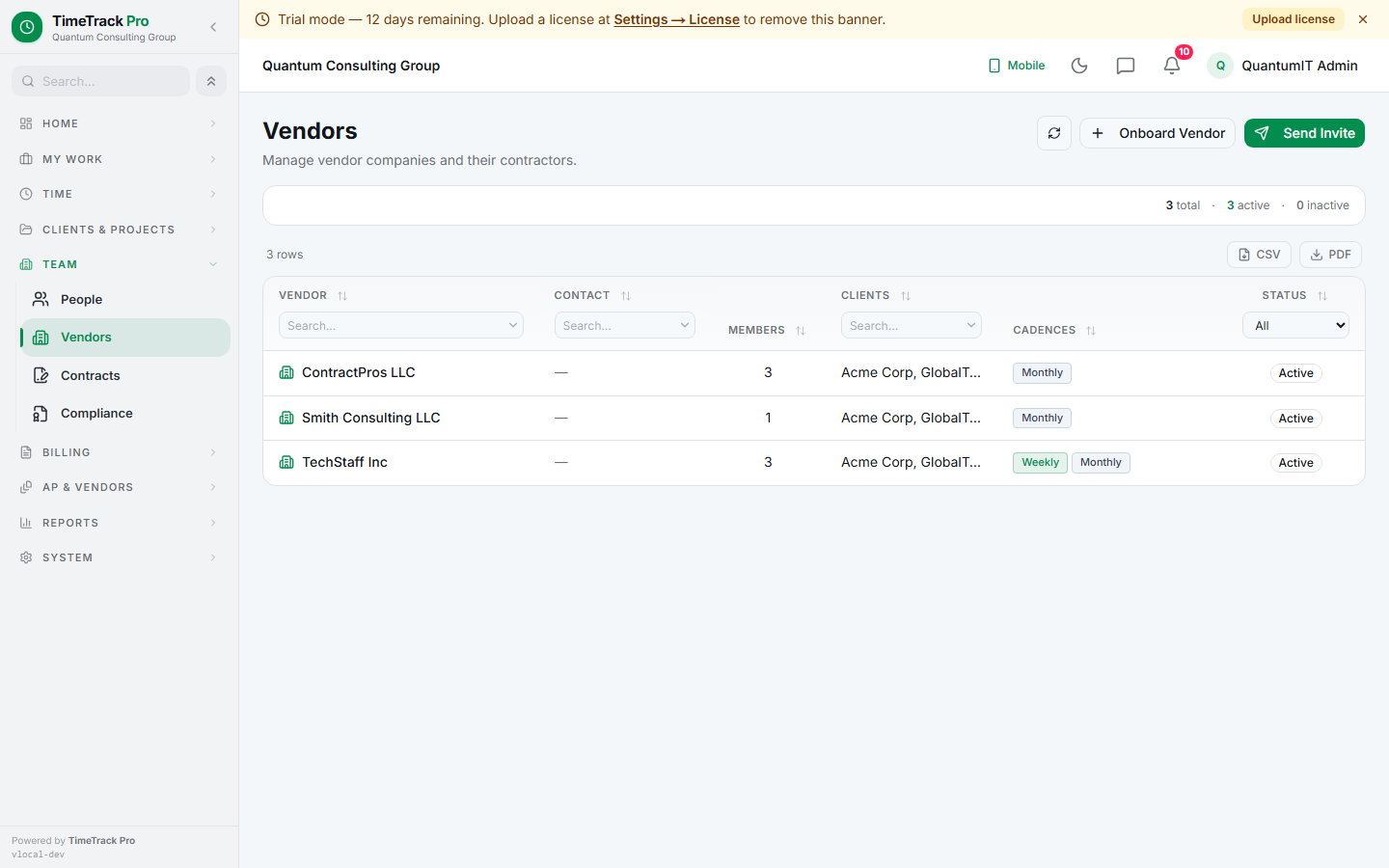 Vendors list — staffing agencies and solo contractors with members, assigned clients, and billing cadences. Status pill surfaces invoice cadence (weekly / monthly).