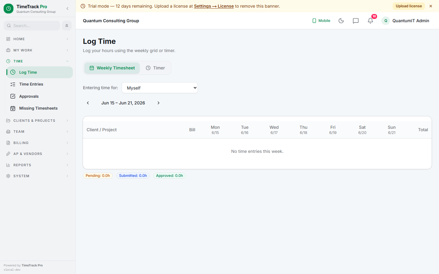 Weekly timesheet — projects × days grid with inline editing.  Status pills at the bottom track Pending / Submitted / Approved hours.